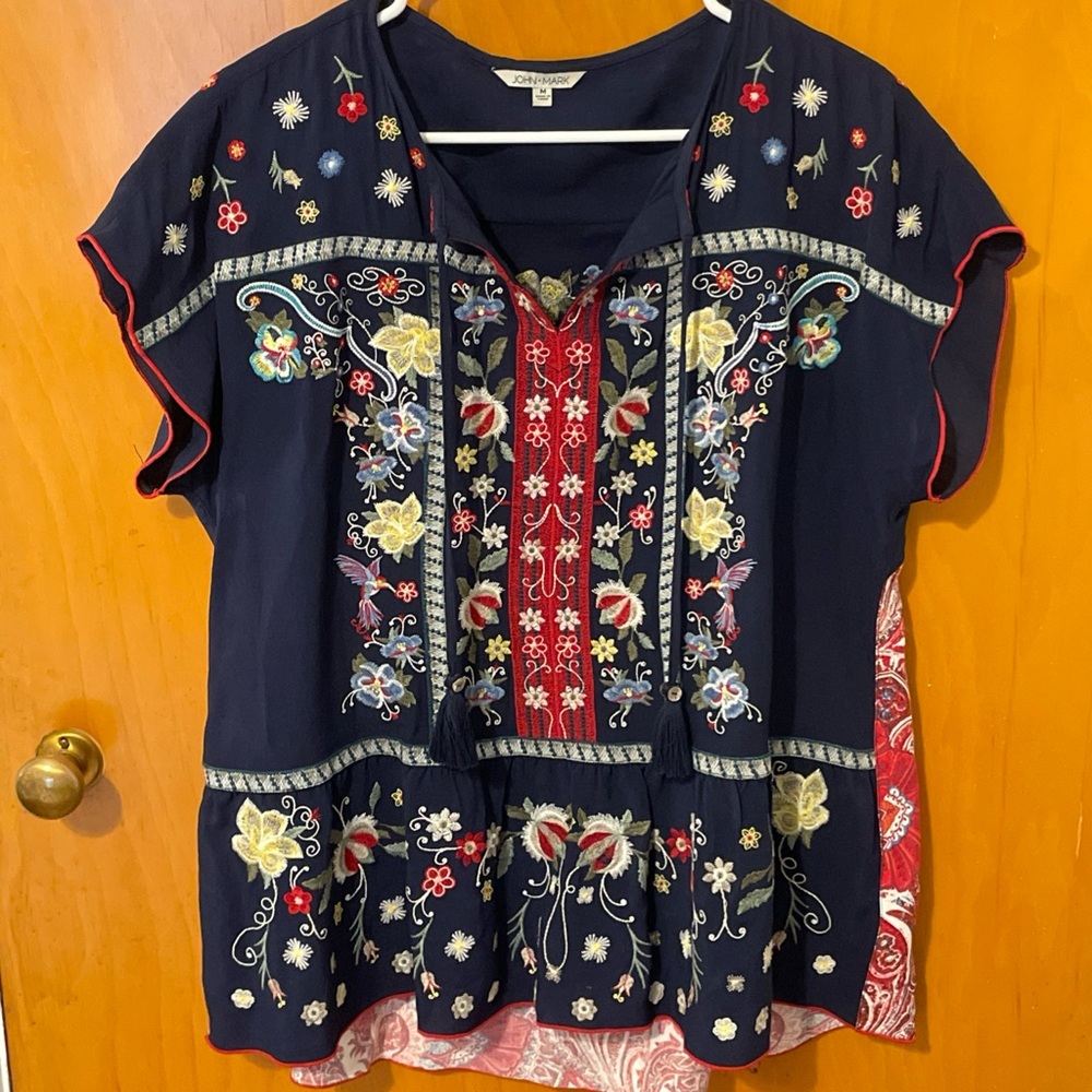 John Mark Navy Floral Embroidered Blouse